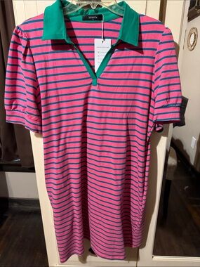 Zesica Pink Polo dress with Green Stripes and Green Collar